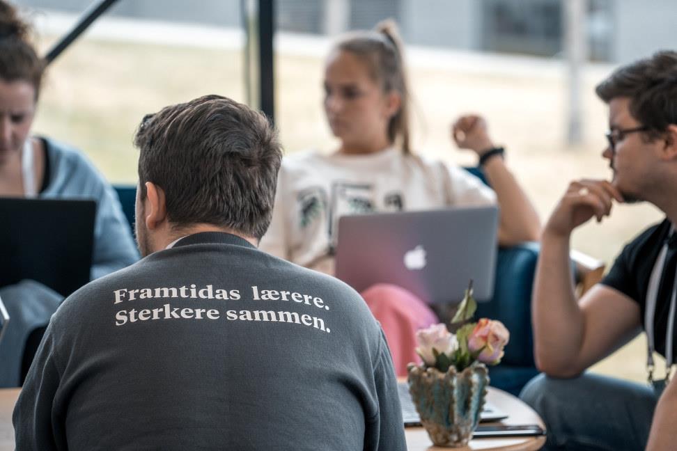 Mann med ryggen til som har på genser hvor det står "Fremtidas lærere. Sterkere sammen". Man ser to kvinner og en mann i bakgrunnen. 